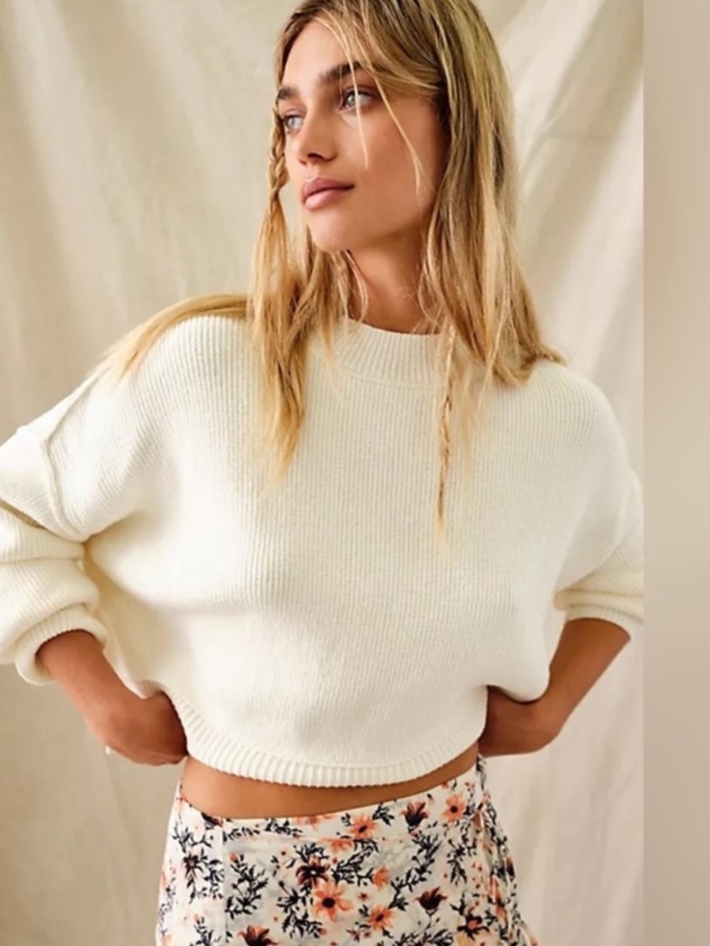 Free People Easy Street Crop Pullover Sweater in Cream/Ivory (Size XS)